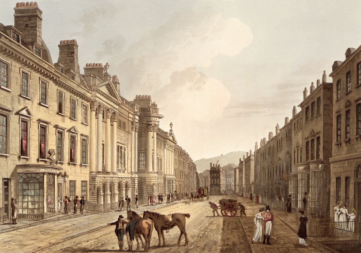 Milsom Street, de &39;Banho Ilustrado por uma Série de Vistas&39;, gravado por John Hill (1770-1850) pub. por William Miller, 1805 (aquatinta) de John Claude Nattes