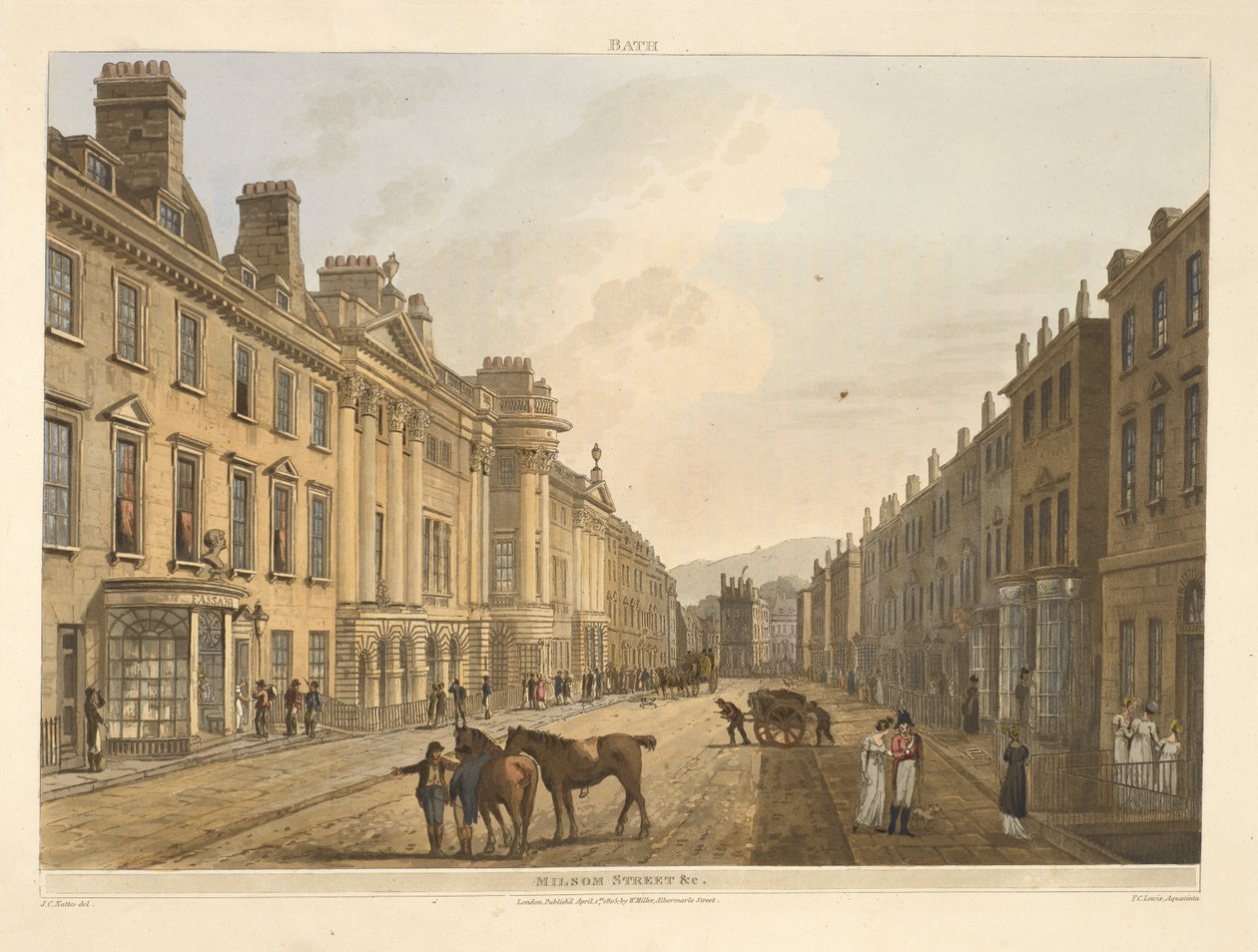 Rua Milsom.Banho, ilustrado por uma série de vistas, a partir dos desenhos de J. C. Nattes; com descrições para cada placa. John Claude Nattes1806 de John Claude Nattes
