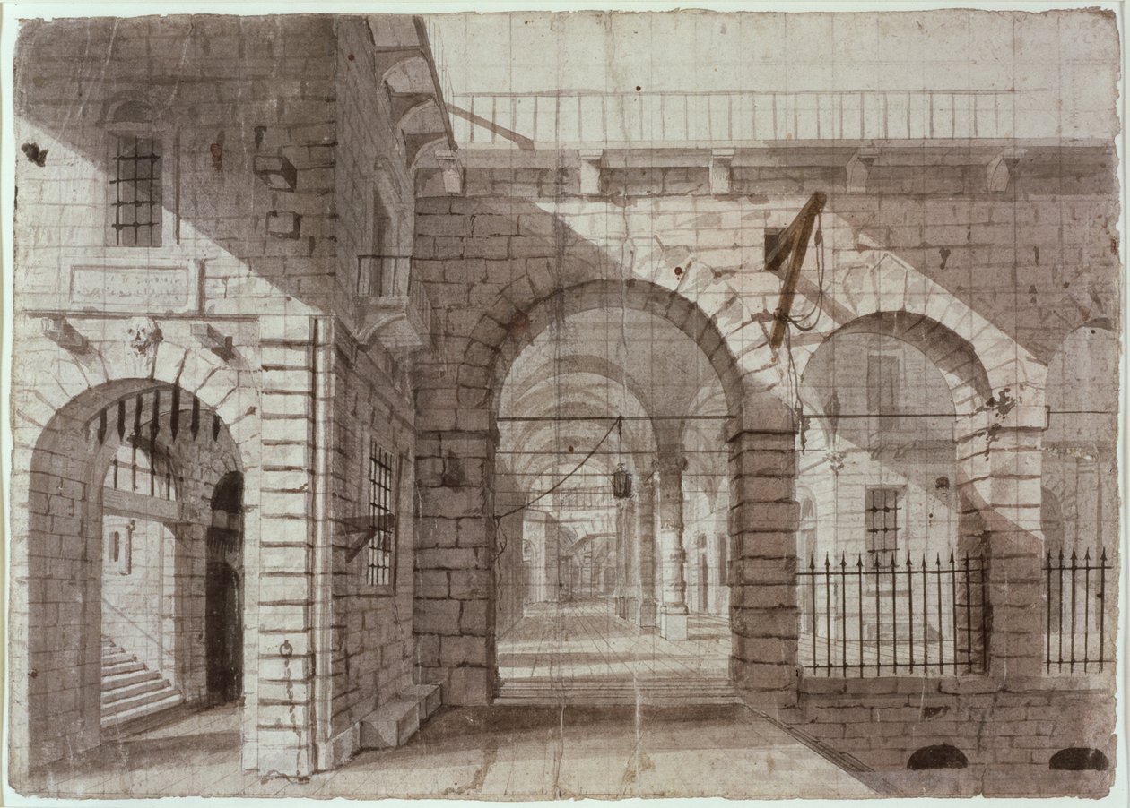 Pátio da Prisão de Newgate (tinta e tinta no papel) de John Claude Nattes