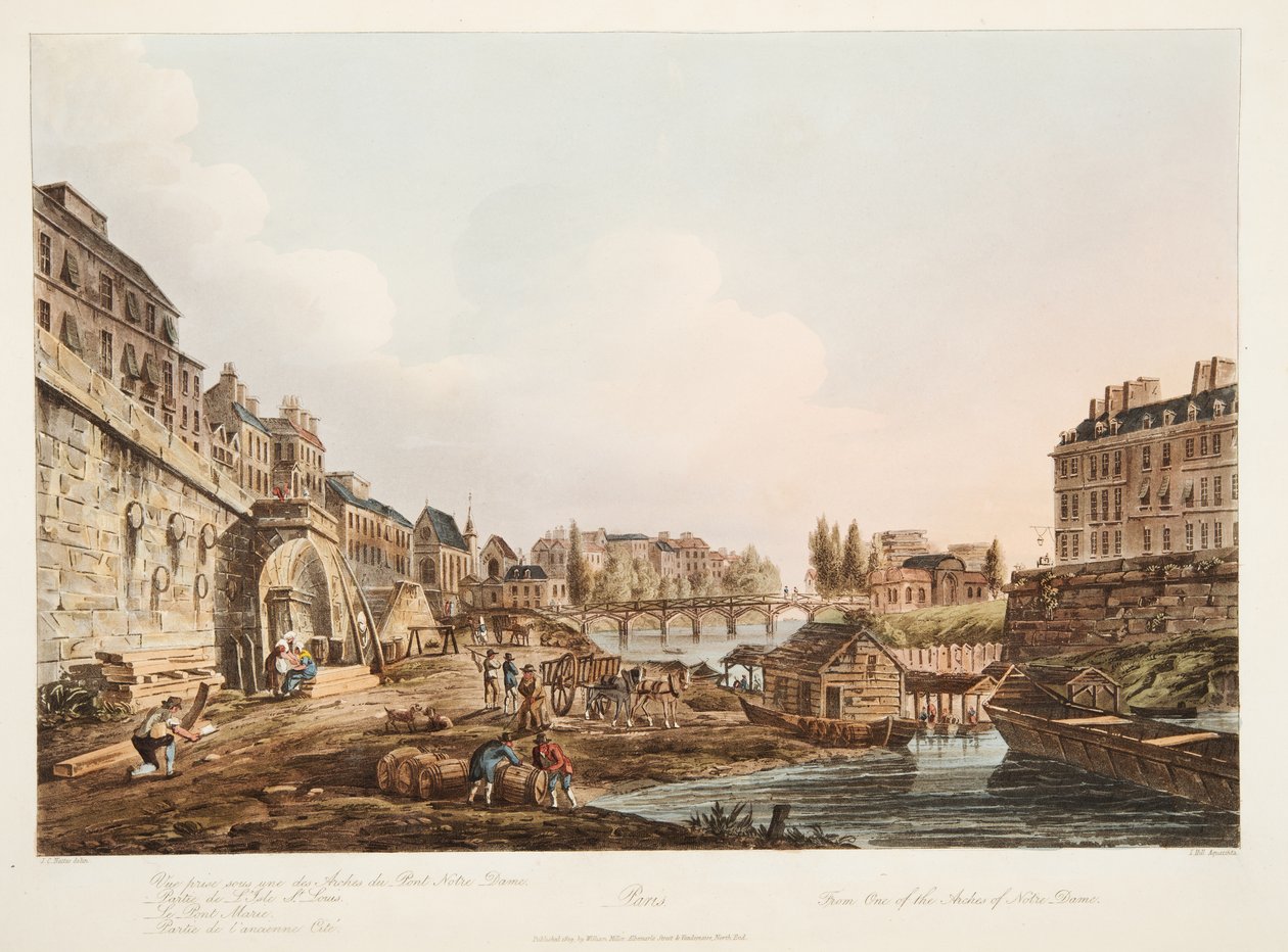 Um dos arcos de Notre Dame, ilustração de Versalhes, Paris e Saint Denis, pub. 1809 (aquatinta) de John Claude Nattes