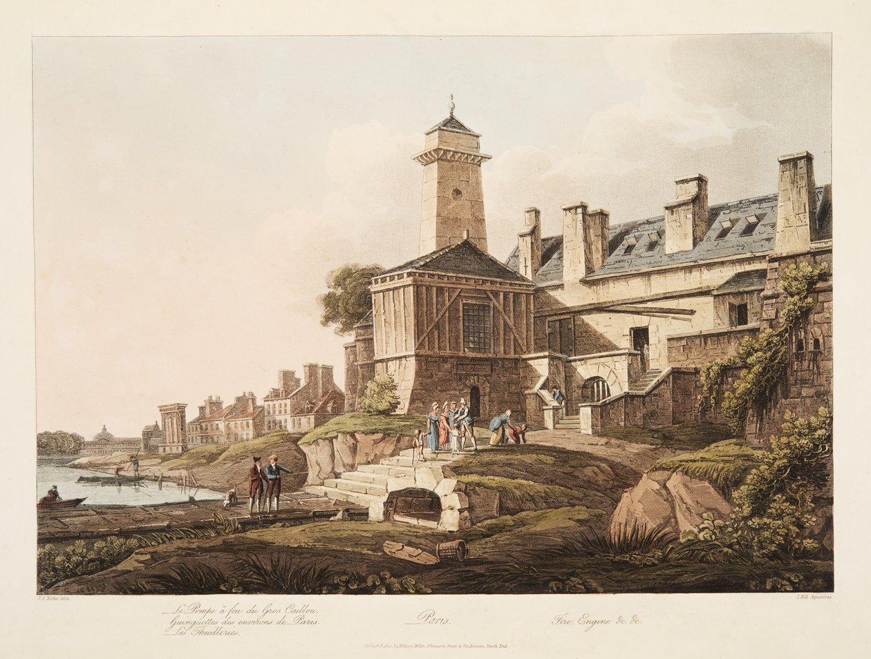 Paris, viatura de incêndio, ilustração de Versalhes, Paris e Saint Denis, bar. 1809 (aquatinta) de John Claude Nattes