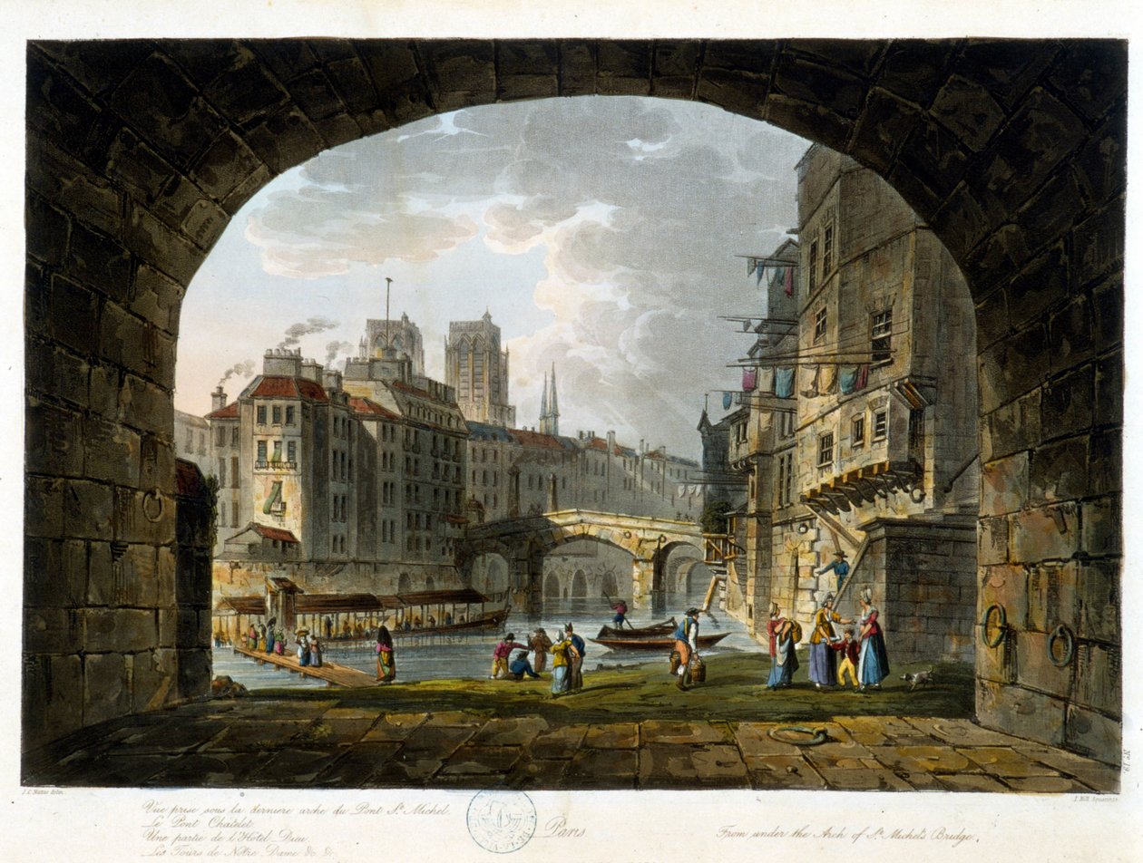 Paris: Pont de Chatelet e Hotel Dieu - em "Paris vu par J.C. Matttes", Ed. Miller, Londres de John Claude Nattes