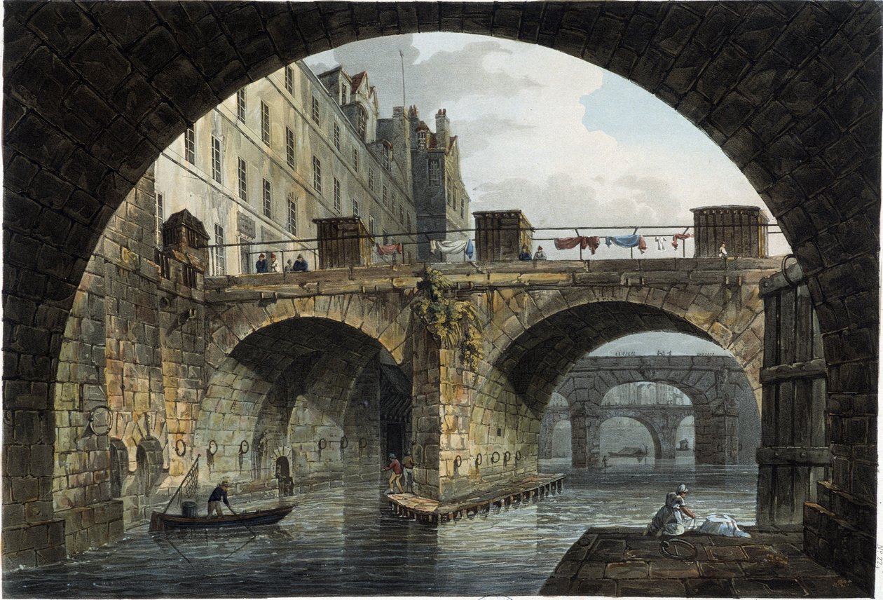 Paris: a pequena ponte e o Hotel Dieu - em "Paris visto por J.C. Mats", Ed. Miller, Londres de John Claude Nattes