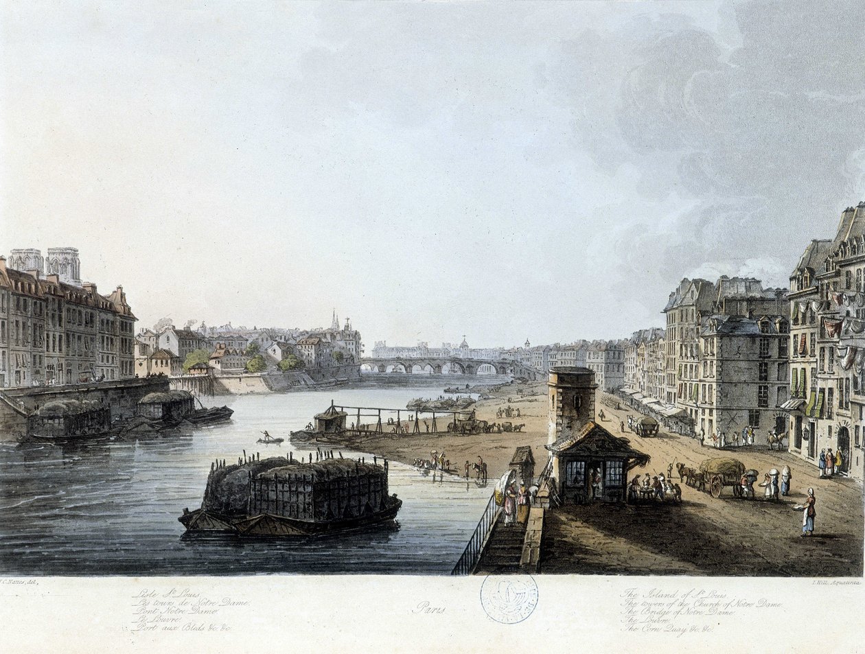 Paris, a ponte Notre-Dame - desenho de J.C. Esteiras, c.1810 de John Claude Nattes