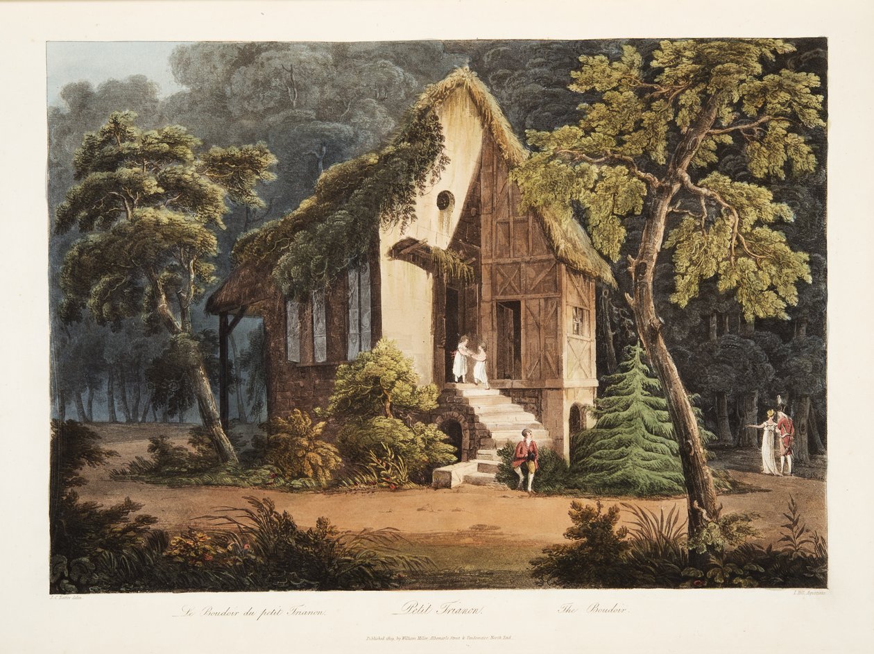 Pequeno Trianon, o Boudoir, ilustração de Versalhes, Paris e Saint Denis, pub. 1805 (aquatinta) de John Claude Nattes
