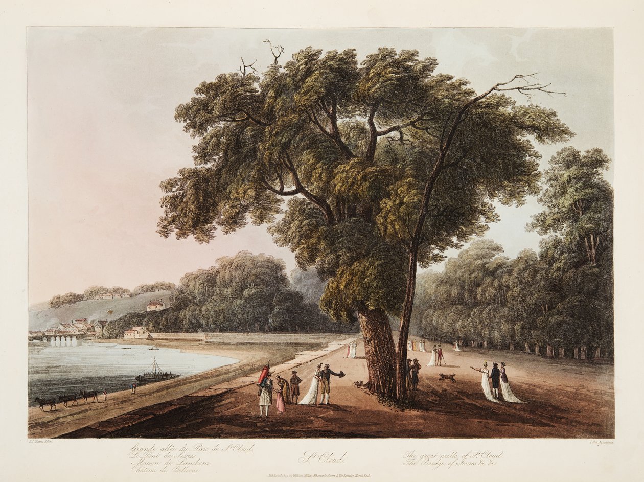 St Cloud, a grande caminhada de St Cloud, a ponte de Sevres, etc etc, ilustração de Versalhes, Paris e Saint Denis, pub. 1805 (aquatinta) de John Claude Nattes