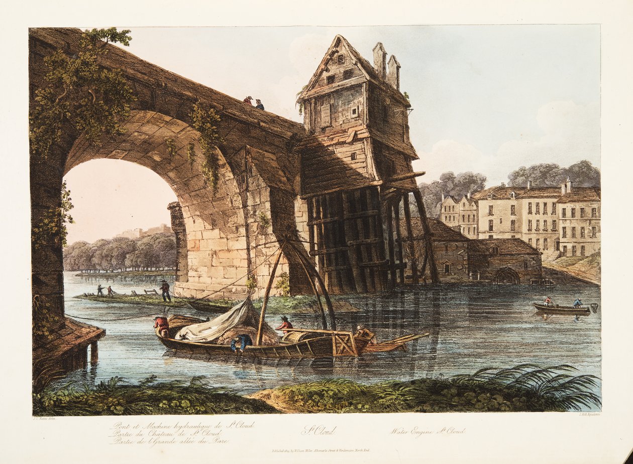 Nuvem do St, motor da água, ilustração de Versalhes, Paris e Saint Denis, bar. 1809 (aquatinta) de John Claude Nattes
