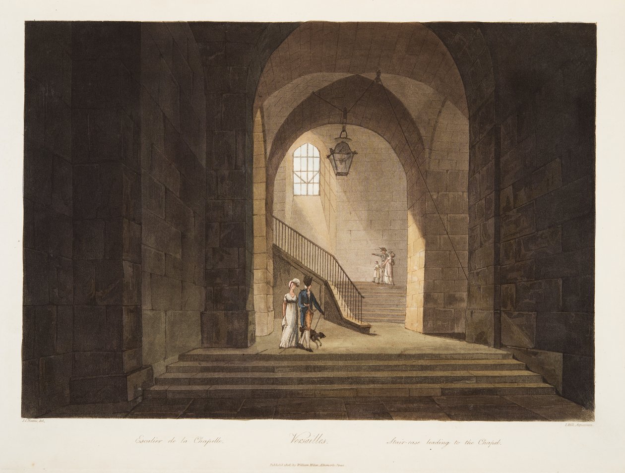 Escadaria que conduz à capela, ilustração de Versalhes, Paris e Saint Denis, bar. 1806 (aquatinta) de John Claude Nattes