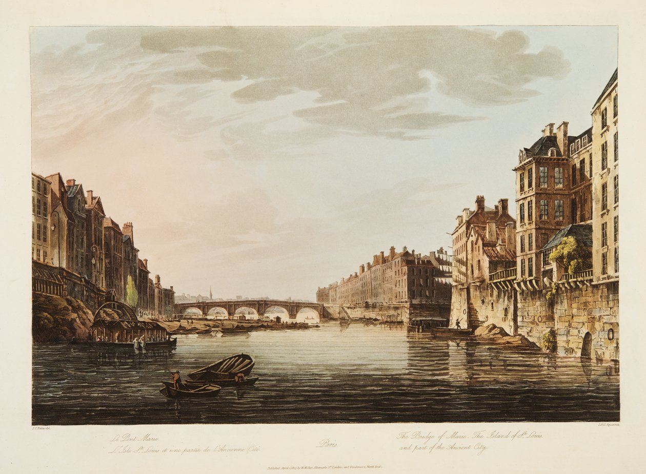 A ponte de Marie, a ilha de St Louis e parte da cidade antiga, ilustração de Versalhes, Paris e Saint Denis, pub. 1807 (aquatinta) de John Claude Nattes