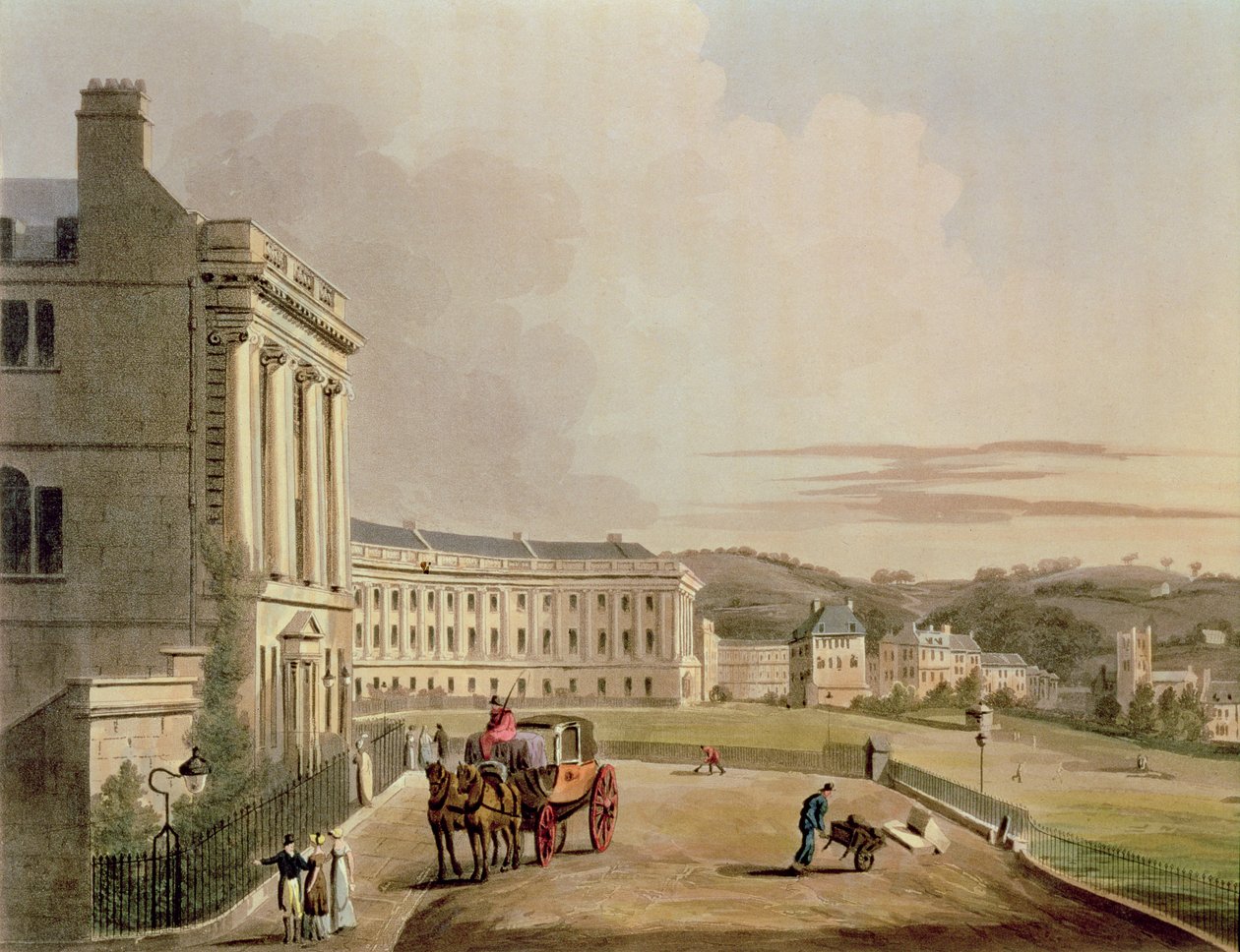 O crescente, detalhe da rua, de Bath Ilustrado por uma série de vistas, gravado pelo bar de John Hill 1770-1850. por Guilherme Miller, 1804 detalhe aquatint de 92988 de John Claude Nattes