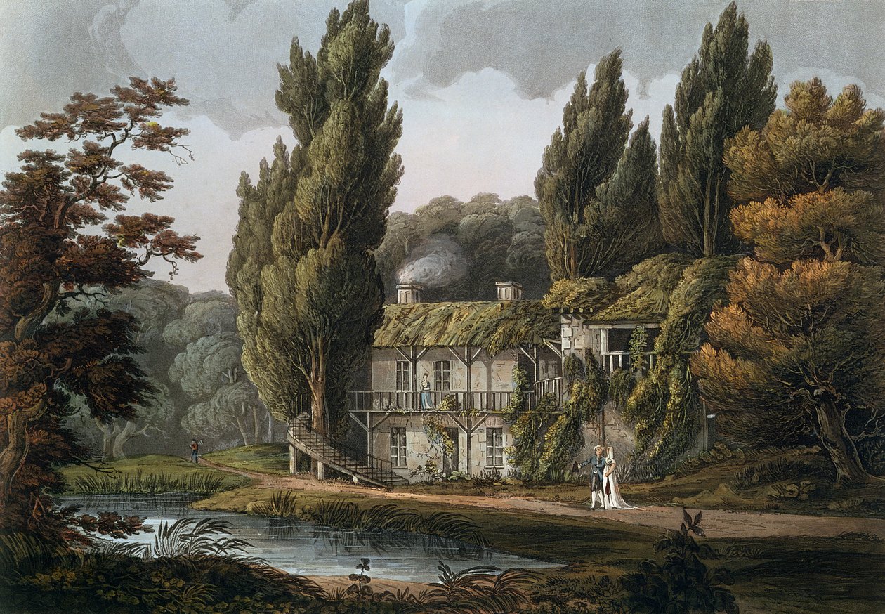 A sala de jantar no Hameau de Marie-Antoinette, ilustração de &39;Versailles, Paris e Saint Denis&39;, publicado em Londres 1809 (gravura a cores) de John Claude Nattes
