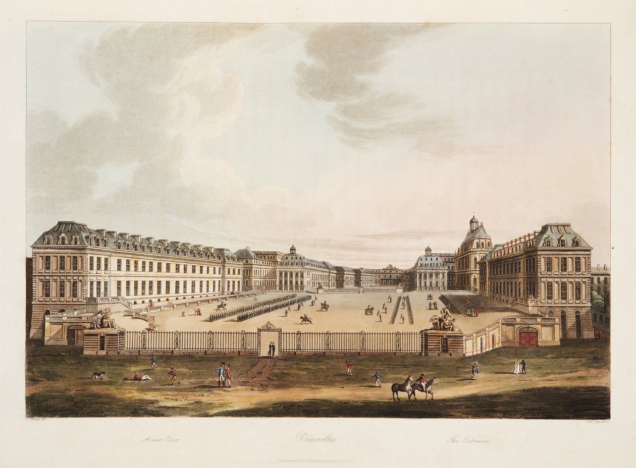 A entrada, ilustração de Versalhes, Paris e Saint Denis, pub. 1805 (aquatinta) de John Claude Nattes