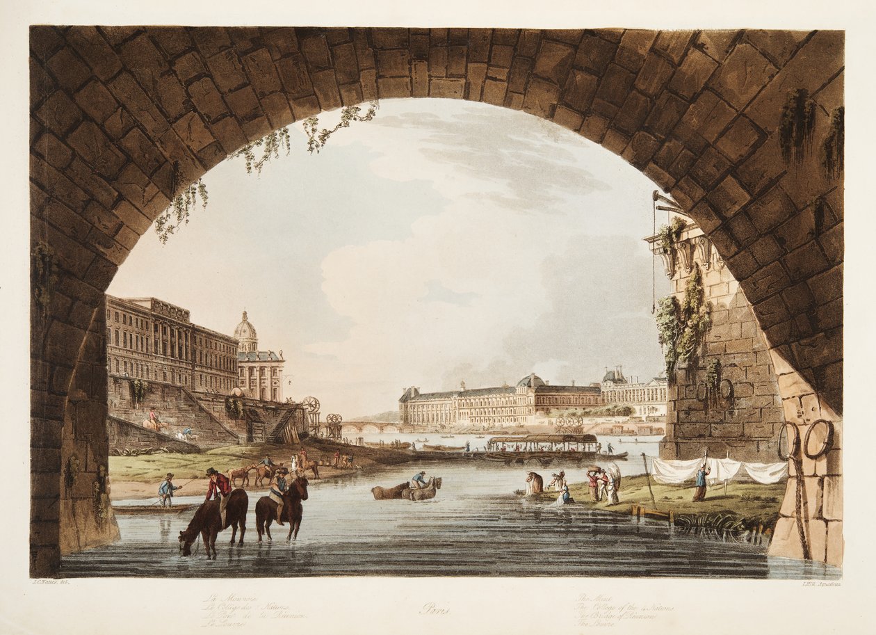 Museu do Louvre; A hortelã; O Colégio das 4 Nações; A ponte da reunião, ilustração de Versalhes, Paris e Saint Denis, bar. 1805 (aquatinta) de John Claude Nattes