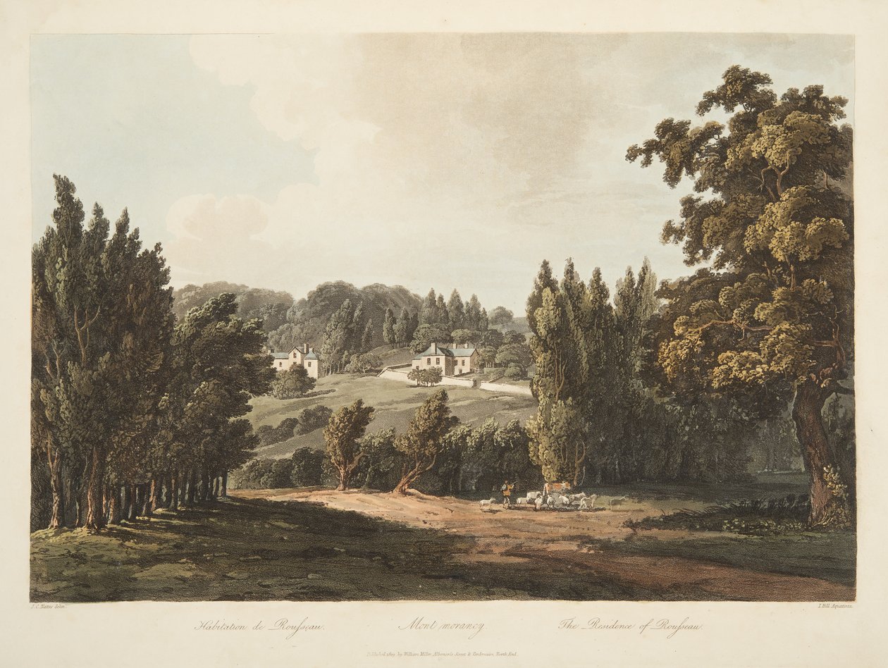 A residência de Rousseau, ilustração de Versalhes, Paris e Saint Denis, pub. 1809 (aquatinta) de John Claude Nattes