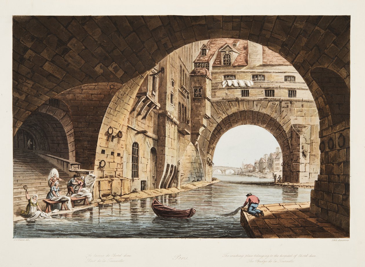 O lugar de lavagem que pertence ao hospital do Hotel-Dieu e a ponte de la Tournelle, ilustração de Versalhes, de Paris e de Saint Denis, bar. 1805 (aquatinta) de John Claude Nattes