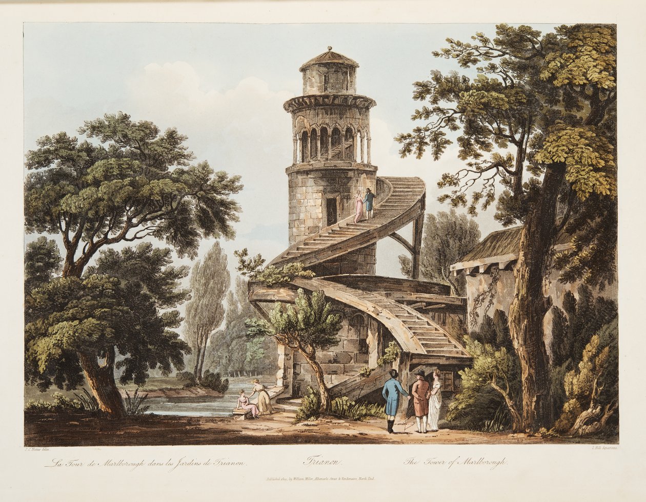 Trianon, a torre de Marlborough, ilustração de Versalhes, Paris e Saint Denis, pub. 1809 (aquatinta) de John Claude Nattes