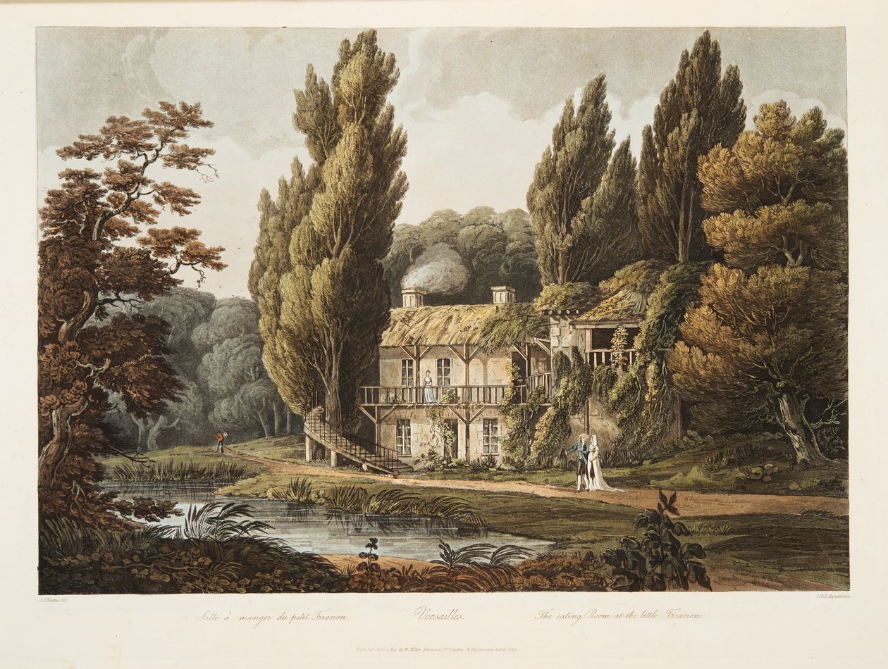 Versalhes, a sala de comer no pequeno Trianon, ilustração de Versalhes, Paris e Saint Denis, pub. 1805 (aquatinta) de John Claude Nattes