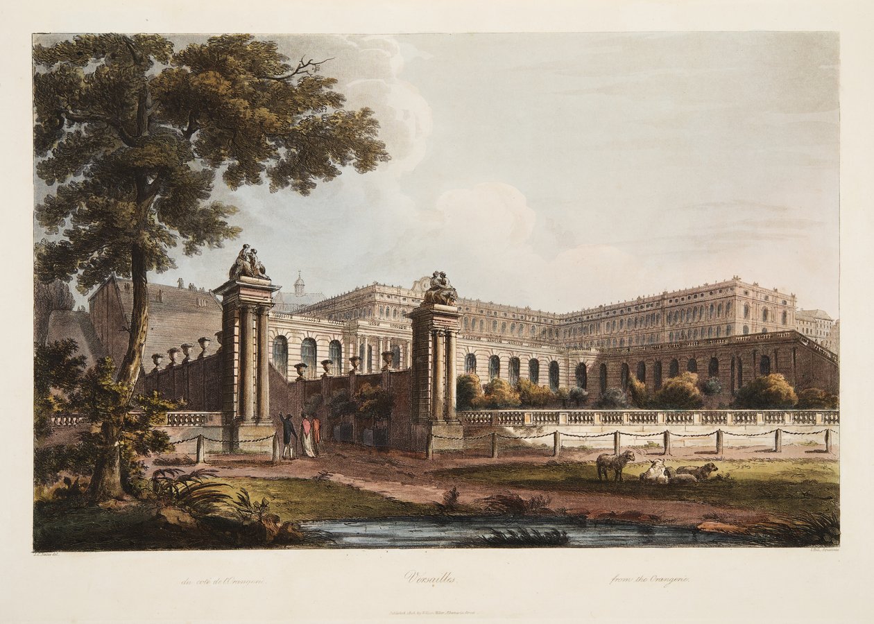 Versalhes de Orangerie, ilustração de Versalhes, Paris e Saint Denis, pub. 1805 (aquatinta) de John Claude Nattes