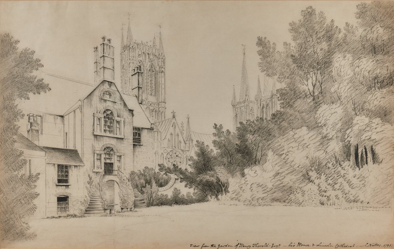 Vista do jardim de Henry Thorold, Esq., sua casa e a Catedral de Lincoln de John Claude Nattes