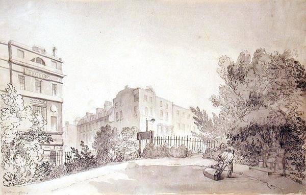 Vista do Fitzroy Square com duas figuras puxando um rolo de jardim, c.1808 (tinta e lavagem em papel) de John Claude Nattes