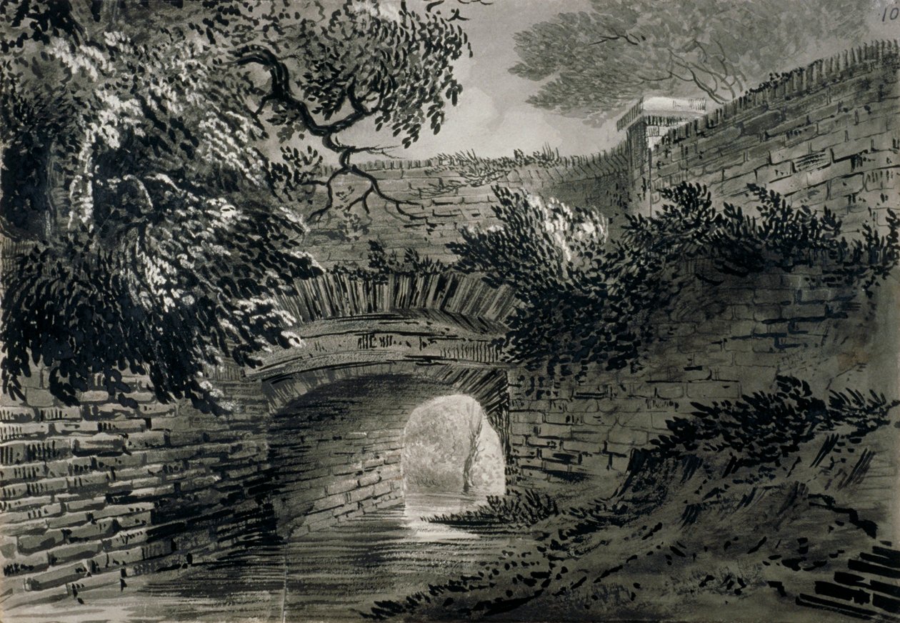 Vista de uma seção do sistema de drenagem da Serpentine em Hyde Park, Londres, c1817 de John Claude Nattes