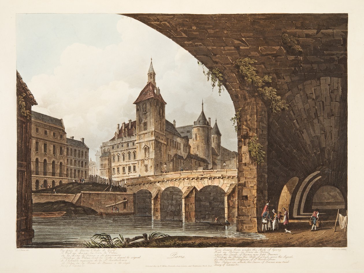 Vista do Pont-au-Change, a excursão de lHorloge e o Conciergerie, ilustração de Versalhes, Paris e Saint Denis, bar. 1807 (aquatinta) de John Claude Nattes