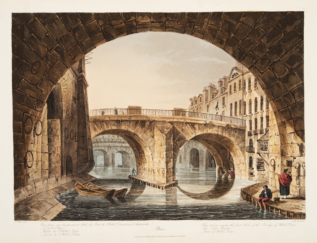 Vista tomada sob o primeiro arco da ponte do hotel Dieu, a ponte pequena, parte do hotel Dieu, ilustração de Versalhes, Paris e Saint Denis, bar. 1809 (aquatinta) de John Claude Nattes