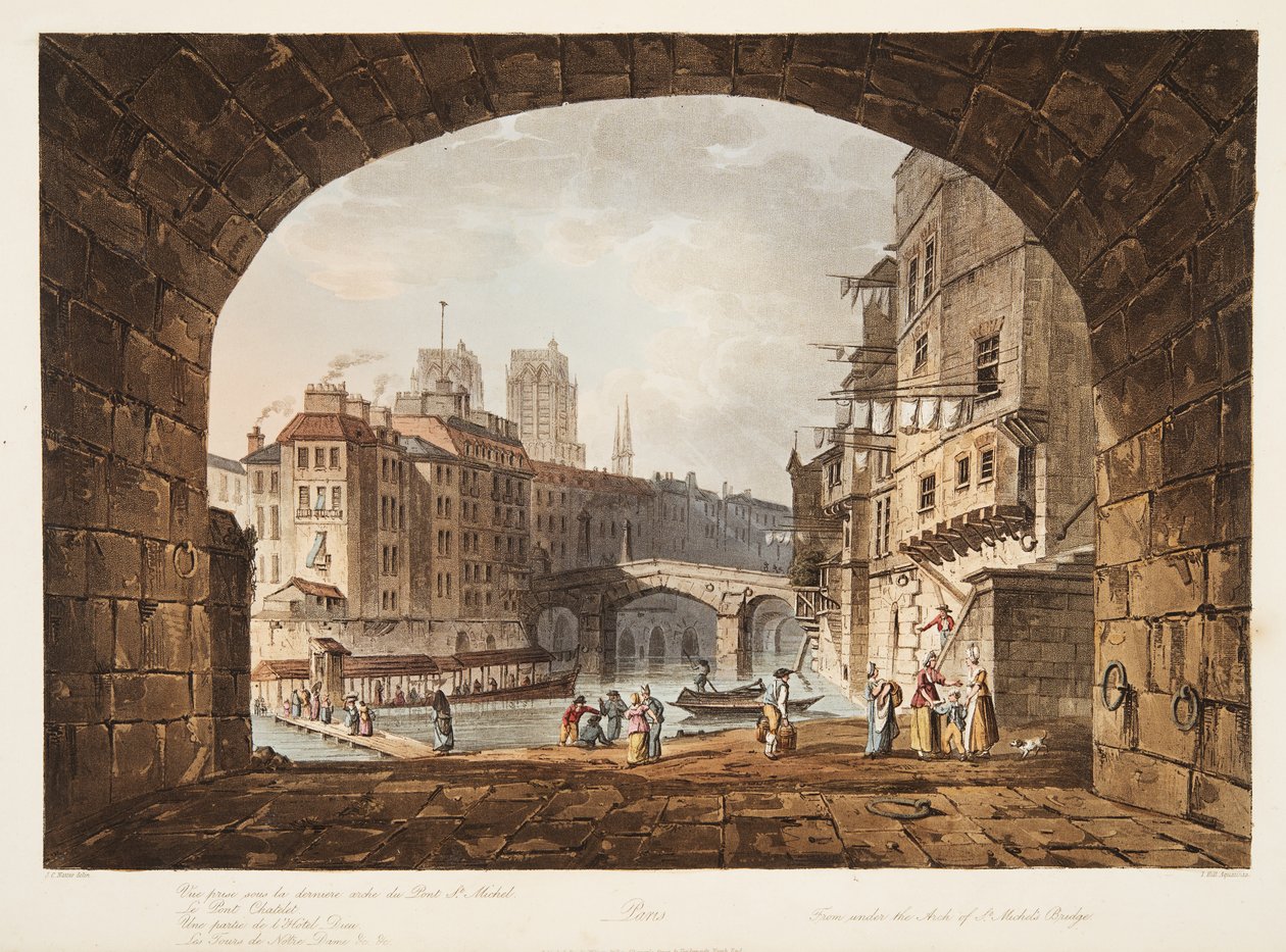 De sob o arco da ponte de St Michels, ilustração de Versalhes, Paris e Saint Denis, pub. 1805 (aquatinta) de John Claude after Nattes