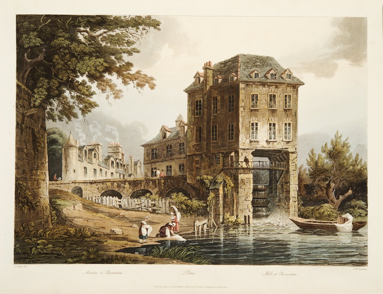 Moinho em Charenton, ilustração de Versalhes, Paris e Saint Denis, pub. 1807 (aquatinta) de John Claude after Nattes