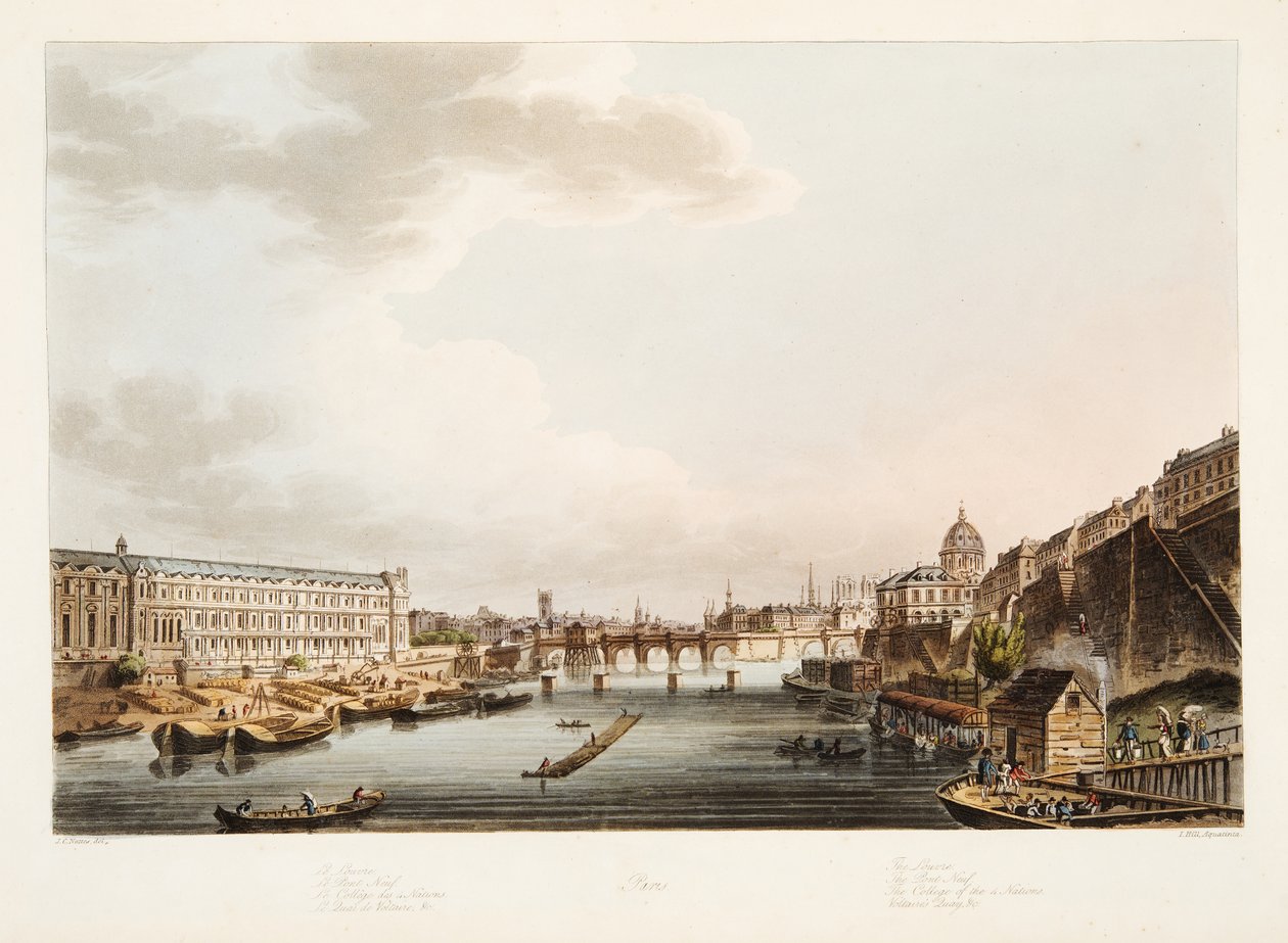 O Louvre; A nova ponte; O Colégio das 4 Nações; Voltaire Quay, ilustração de Versalhes, Paris e Saint Denis, pub. 1805 (aquatinta) de John Claude after Nattes