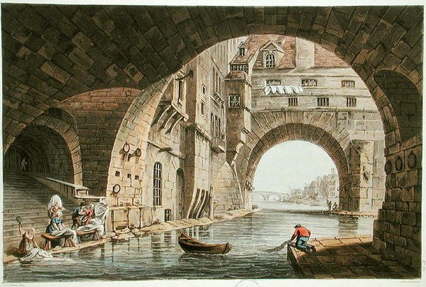 O local de lavagem do Hotel-Dieu e da Pont de la Tournelle, gravado por I. Hill, 1810 (aquatint) de John Claude after Nattes