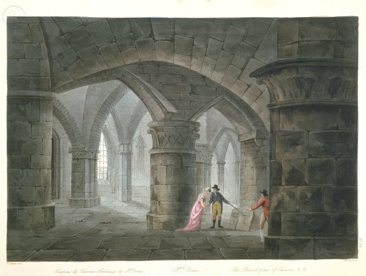 Turistas que visitam o túmulo de Henri de la Tour d&39;Auvergne (1611-1775) Vicomte de Turenne na cripta da igreja de Saint-Denis, 1809 (gravura a cores) de John Claude after Nattes