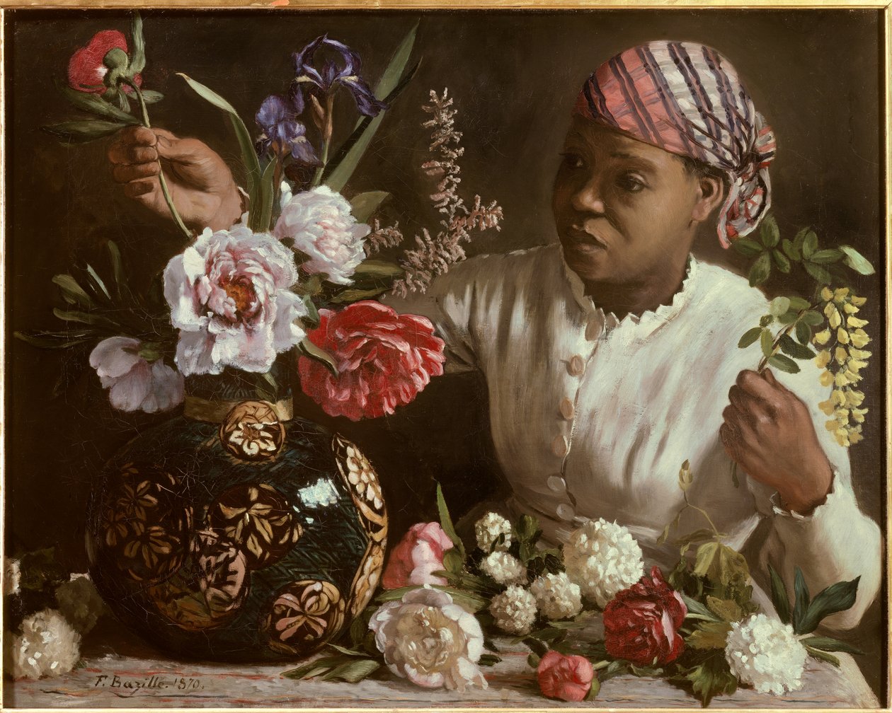La negresse aux peonines Pintura de Frederic Bazille (1841-1870) 1870 Dim. 0,6x0,75 m Montpellier, musee Fabre - A mulher negra com peônias. Pintura de Frederic Bazille (1841-1870) de John Clayton Adams