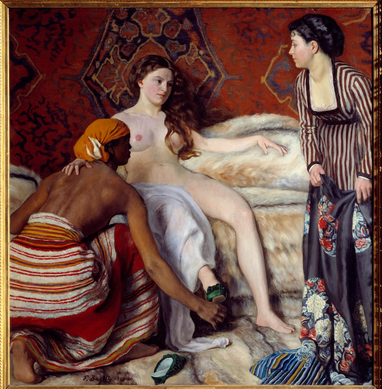 Orientalismo: "A casa de banho" Uma jovem mulher branca assistida pelas suas duas donzelas tem a sua casa de banho. Pintura de Frederic Bazille (1841-1870) 1869 Sol. 1,32x1,27 m Montpellier, Musee Fabre de John Clayton Adams