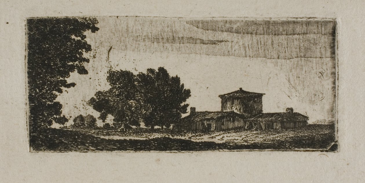 Árvores e edifícios com torre baixa de John Clerk of Eldin