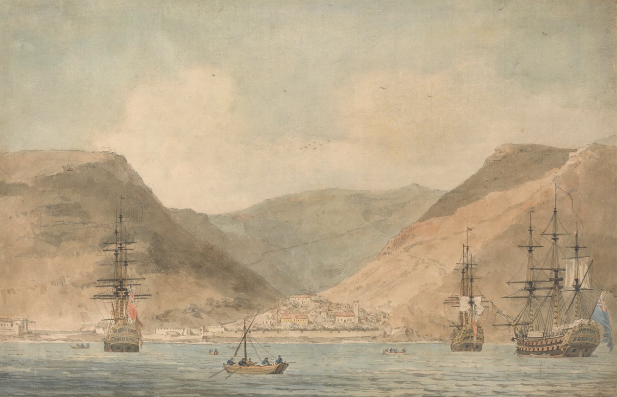 Vista de Jamestown, St. Helena, From the Sea with Shipping de John Cleveley the Younger