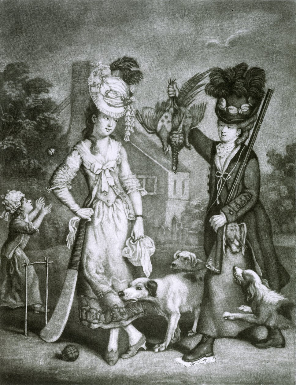 Miss Wicket e Miss Trigger, 1778 (mezzotint) de John Collet