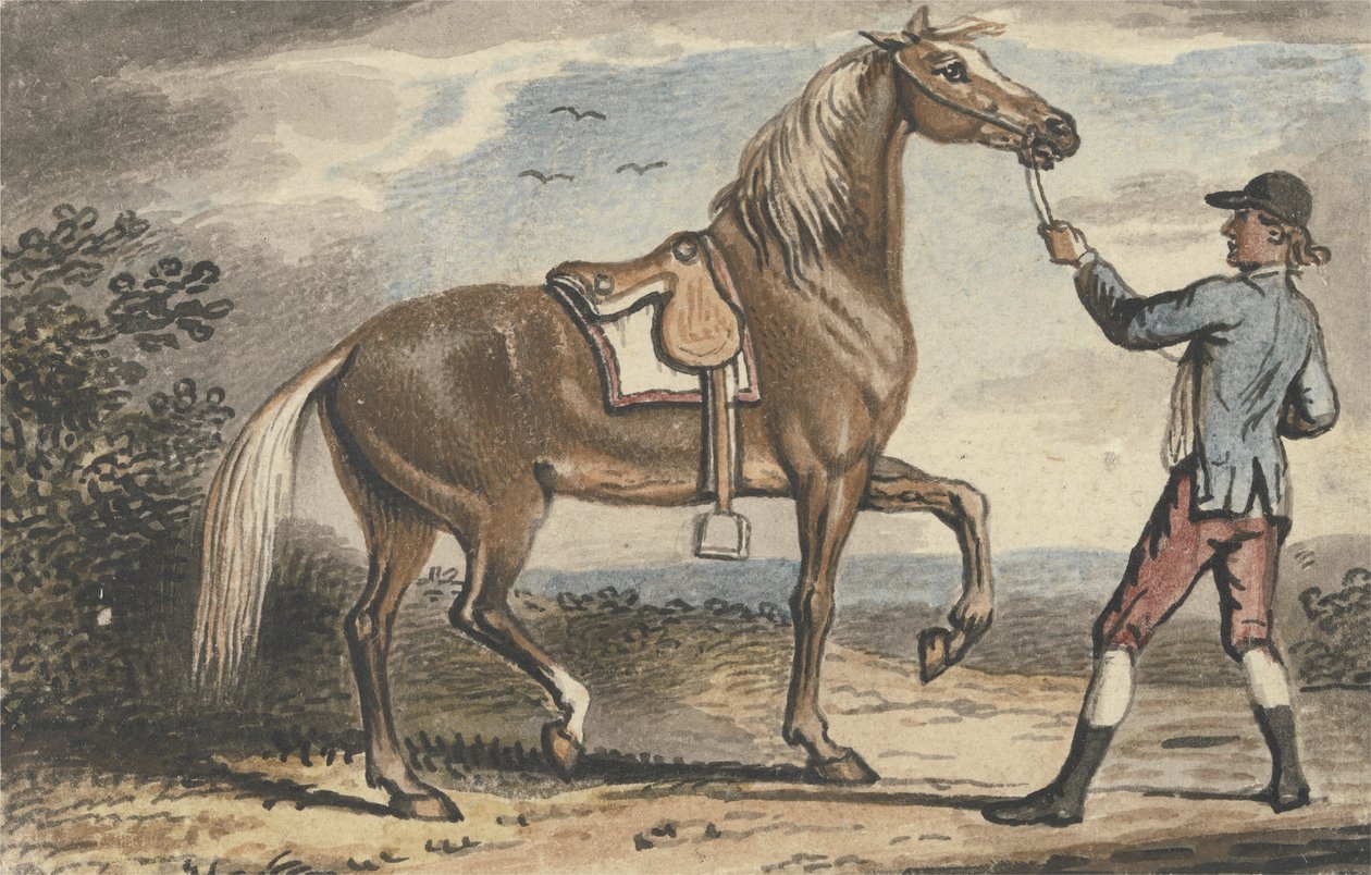Menino estável, segurando um cavalo em uma paisagem (wc no papel) de John Collet
