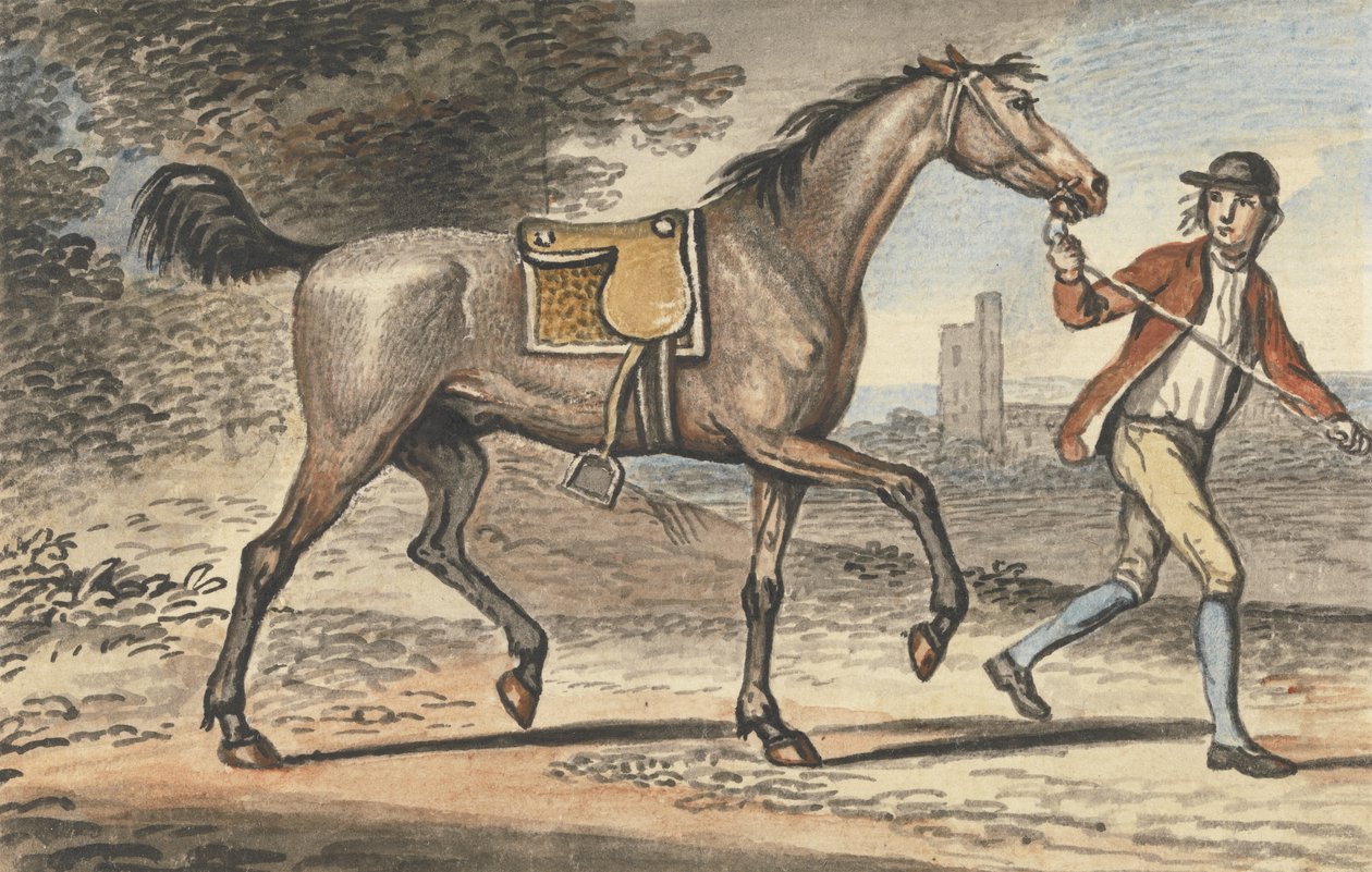 Estável menino levando um cavalo trote em uma paisagem com uma torre de castelo (wc no papel) de John Collet