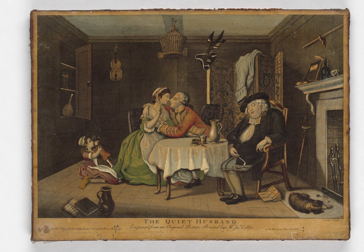O Marido Calmo, impresso por John June, c.1768 (gravura colorida à mão) de John Collet
