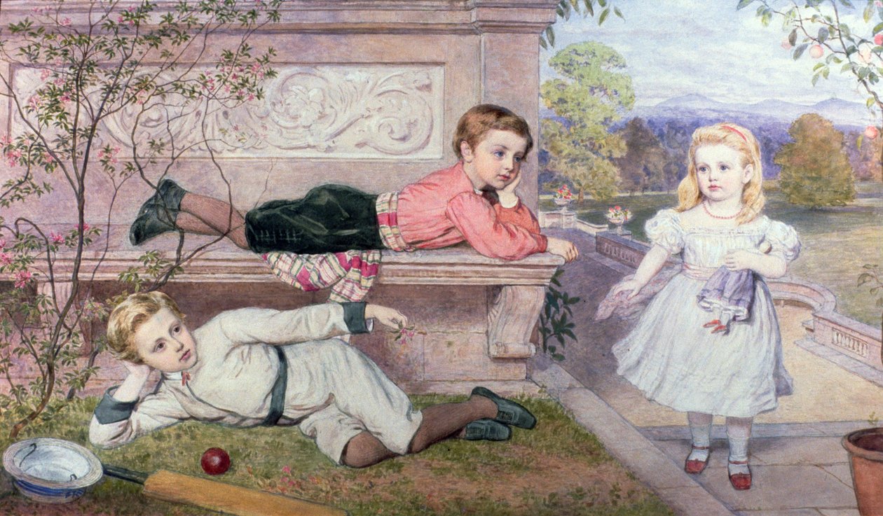 Os filhos Farrer, Gaspard, Henry e Cecilia nos jardins de uma casa de campo em Berkshire de John Collingham Moore
