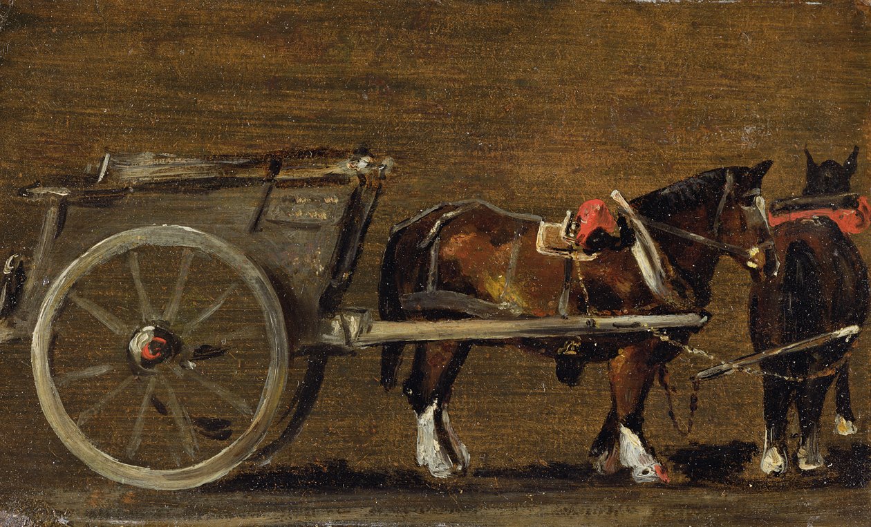 Um carrinho de fazenda com dois cavalos em arreios: um estudo para o carrinho em &39;Stour Valley e Dedham Village, 1814&39; (óleo sobre tela a bordo) de John Constable