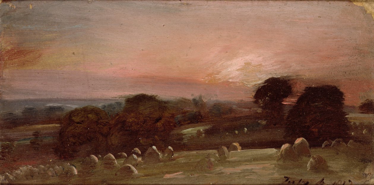 Um, hayfield, perto, leste, Bergholt, em, pôr do sol de John Constable