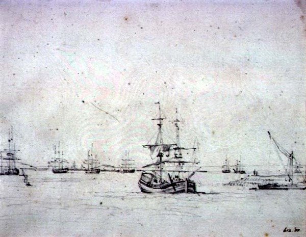 Um brigue a âncora e outro transporte no Tâmisa (grafite sobre papel) de John Constable