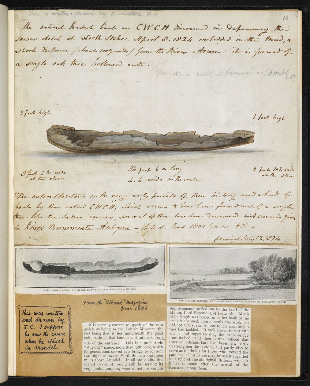 Antiguidades: Desenho de uma antiga canoa britânica descoberta (1824) em North Stoke de John Constable