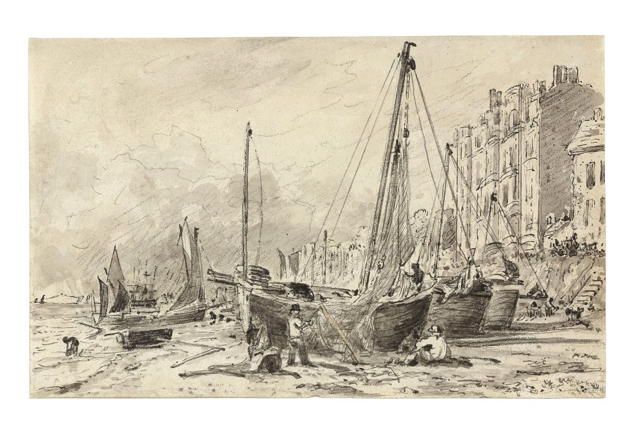 Barcos de pesca encalhados com pescadores consertando redes na praia de Brighton, olhando para o oeste, c.1824-28 de John Constable
