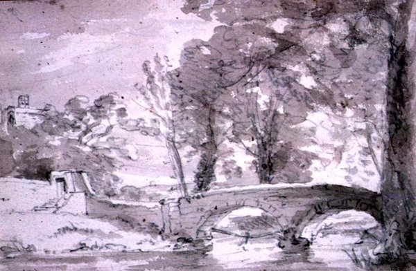 Ponte com árvores e edifícios, em Haddon de John Constable