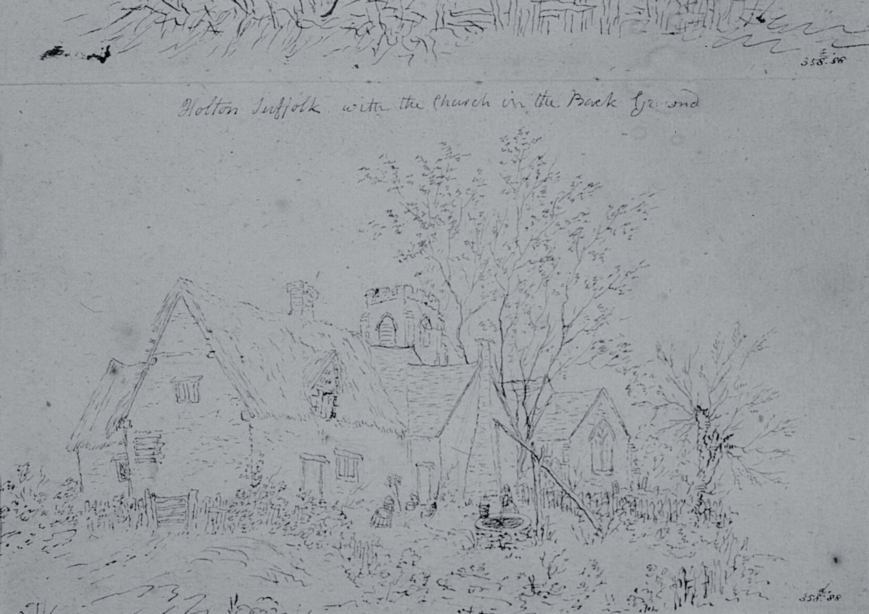 Cottage em Holton com a igreja no fundo (caneta e tinta no papel) de John Constable