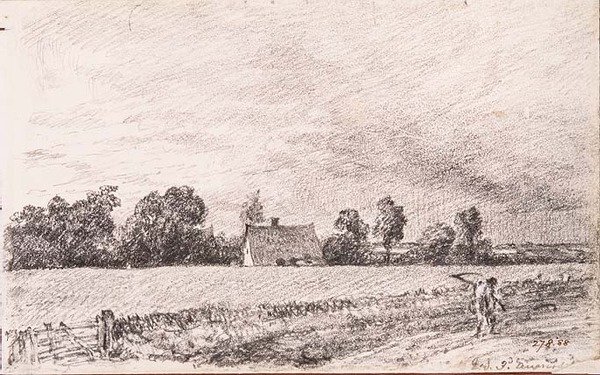 Casas de campo e estrada, Bergholt Oriental, lápis de John Constable