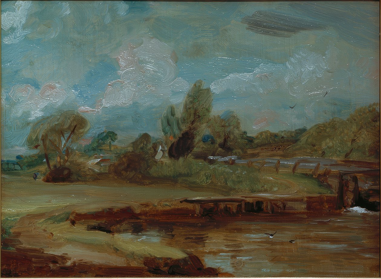 Eclusa Flatford, a partir de um caminho junto ao rio de John Constable